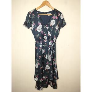 LOFT Floral Midi Dress Belted Tie Waist Faux Wrap